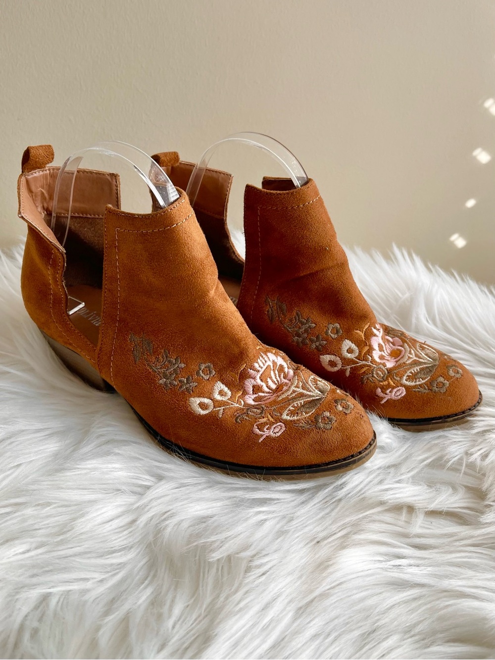 Olivia Miller Rust Suede Floral Embroidered Ankle Booties